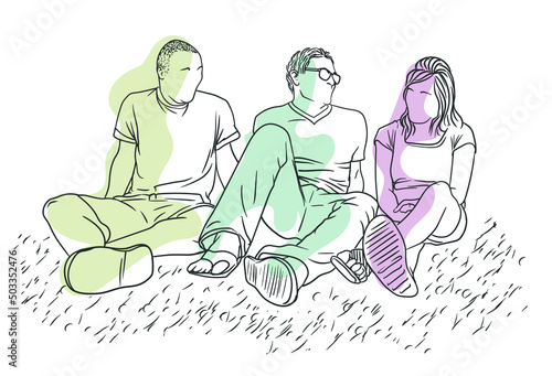 Three male and female friends talking and laughing, sitting on the ground, simple line art hand-drawn illustration
