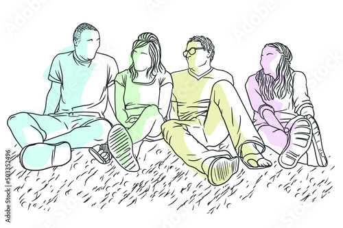 Group of four male and female friends hanging out, talking, laughing, sitting outside on the ground, color illustration