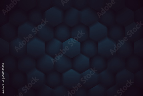3D Render Volumetric Hexagon Pattern Navy Blue Abstract Background. Three Dimensional Hexagonal Blocks Structure Spin Blur Effect 8K Very High Definition Dark Wallpaper. Futuristic Sci Fi Abstraction