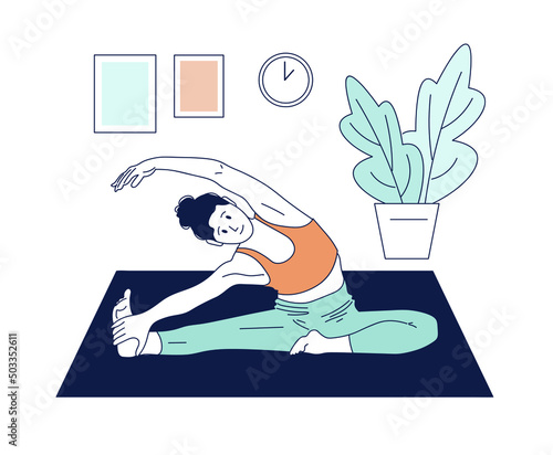 Woman doing stretching. Yoga classes at home or office. Flat, cartoon style.