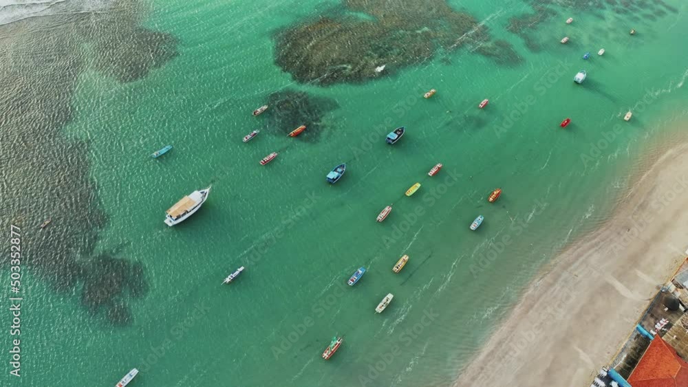 boats beach with blue sky sea aerial drone shot footage boats beach with blue sky sea aerial drone shot footage