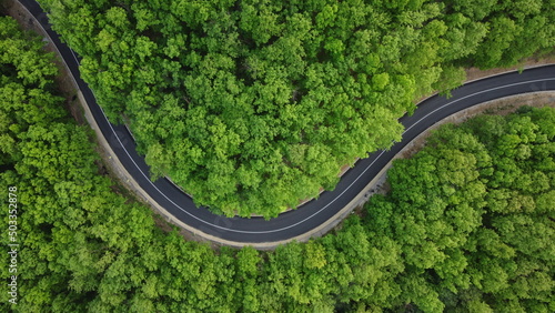Aerial shot of a winding road passing through a beautiful dense green forest