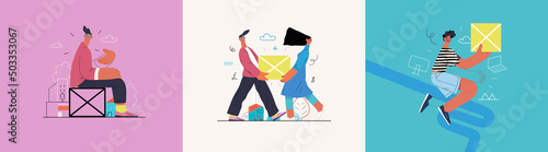 Startup illustrations set. Flat line vector modern concept illustration of people, startup metaphor. Concept of building new business, planning, strategy, teamwork and management. Company processes