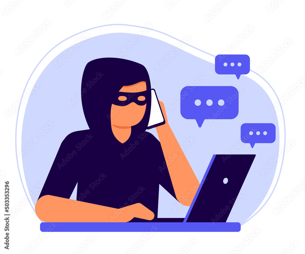 Online and phone fraud, computer hacker, thief man scam in social media. Cheating on internet, covert crime swindler, cybercrime, data hacking. Danger of stealing money, personal information. Vector Online and phone fraud, computer hacker, thief man scam in social media. Cheating on internet, covert crime swindler, cybercrime, data hacking. Danger of stealing money, personal information. Vector