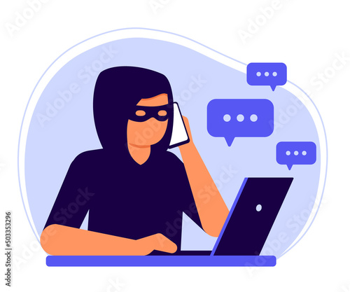 Online and phone fraud, computer hacker, thief man scam in social media. Cheating on internet, covert crime swindler, cybercrime, data hacking. Danger of stealing money, personal information. Vector