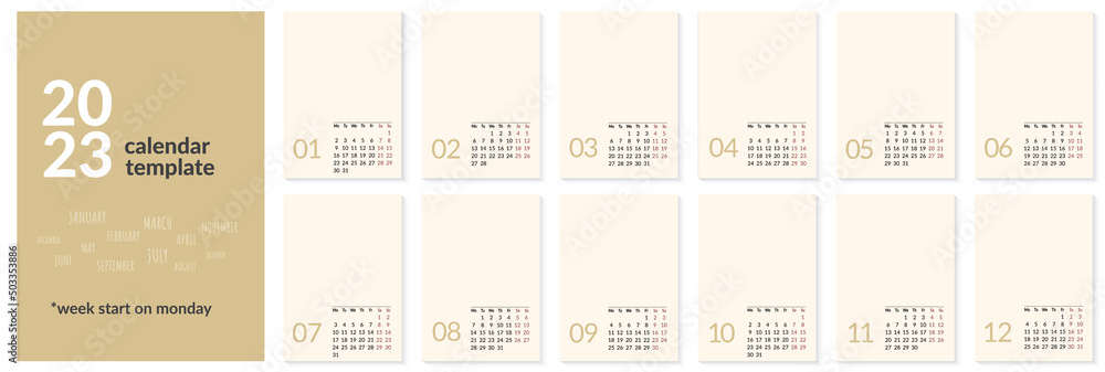 2023 calendar minimalist template or calender a4 layout design. Week start on monday. Vertical editable page, annual wall kalender grid vector illustration. Simple corporate card, clean planner - obrazy, fototapety, plakaty 
