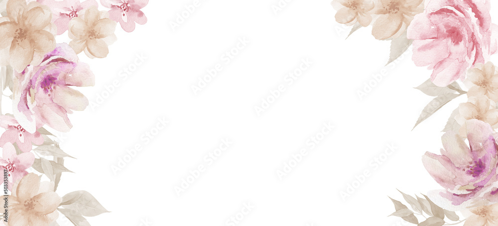 Watercolour Flower Frame Background. Floral Watercolor illustration on white.