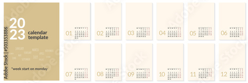 2023 calendar minimalist template or calender a4 layout design. Week start on monday. Vertical editable page, annual wall kalender grid vector illustration. Simple corporate card, clean planner