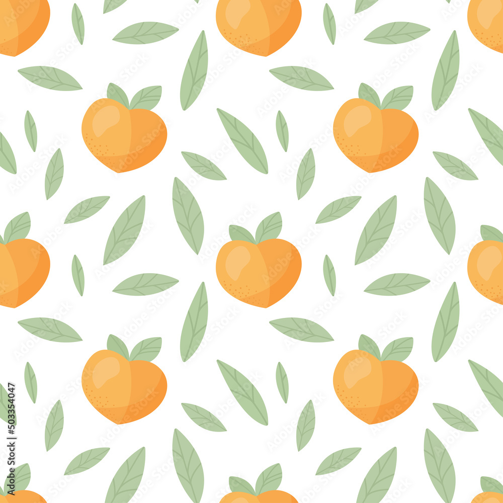 Seamless pattern with fresh cute peaches and leaves in flat style. Fruit pattern for cloth, textile, wrap and other design. Cartoon vector illustration