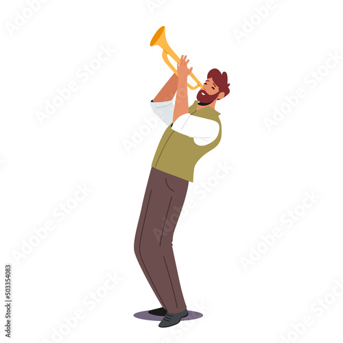 Trumpeter Blowing Musician Composition. Trumpet Player Male Character Playing on Pipe Isolated on White Background