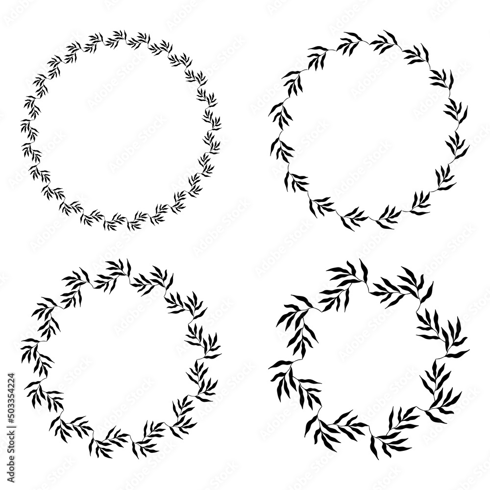Illustration of collection of assorted circle shaped black frames made of plants on white isolated background Illustration of collection of assorted circle shaped black frames made of plants on white isolated background
