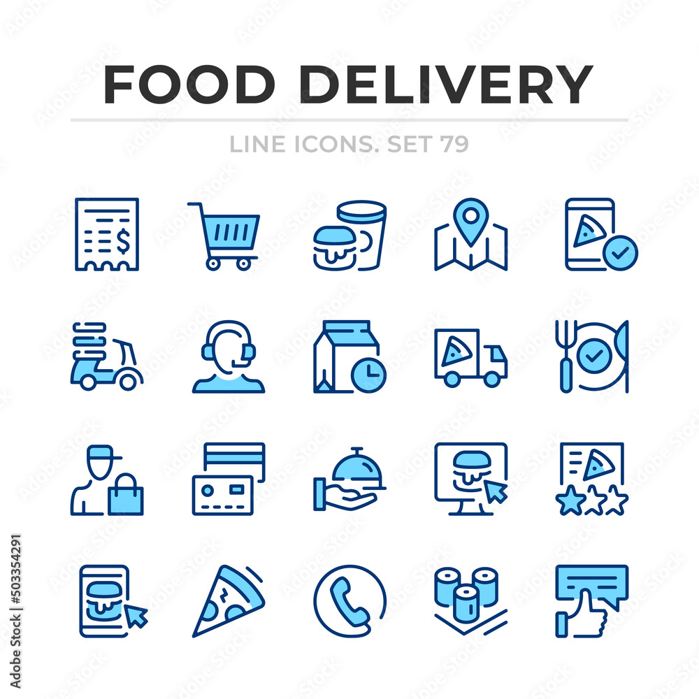 Food delivery vector line icons set. Thin line design. Outline graphic elements, simple stroke symbols. Food delivery icons Food delivery vector line icons set. Thin line design. Outline graphic elements, simple stroke symbols. Food delivery icons