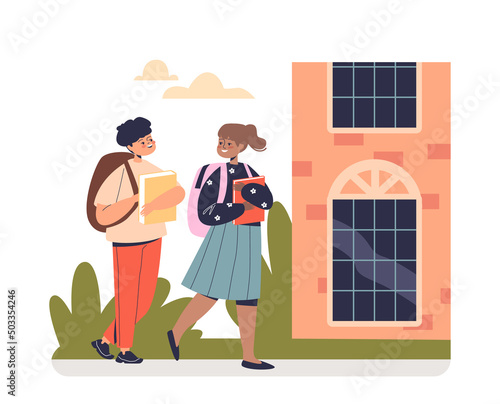 Schoolboy and schoolgirl walk to school together. Pupils friends talk going to lesson in classroom