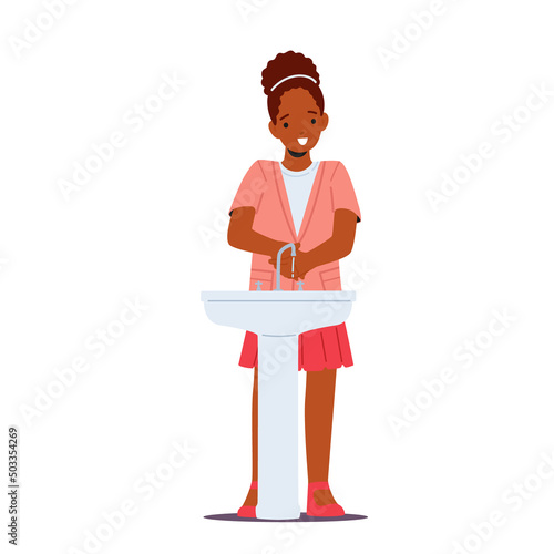Happy African Girl Washing Hands, Children Daily Routine, Health Care Concept. Kid Female Character Cleaning Dirty Palms