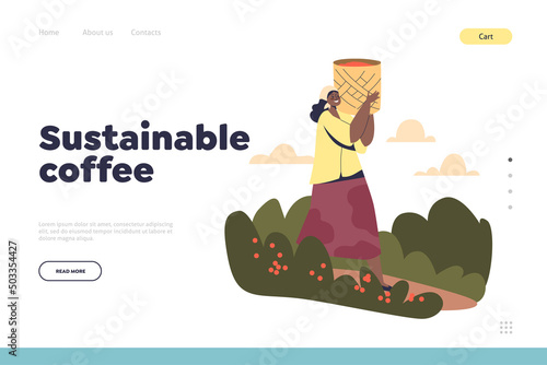 Sustainable coffee concept of landing page with brazilian woman carry bag with coffee beans