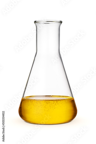 Sunflower oil in chemical flask isolated on white.