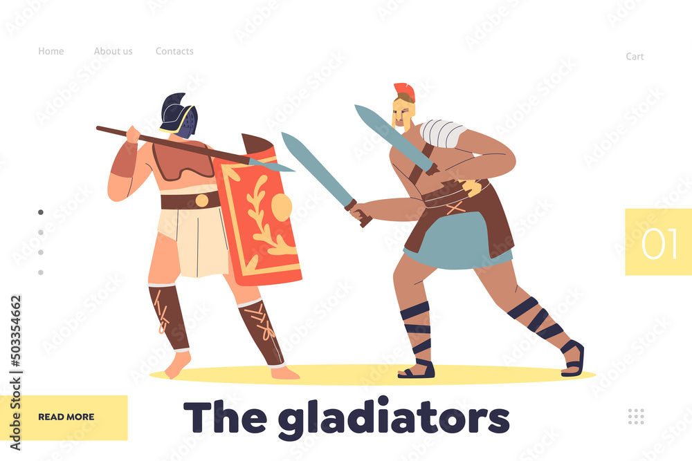 Gladiators concept of landing page with ancient warriors fighting with barbarian on arena