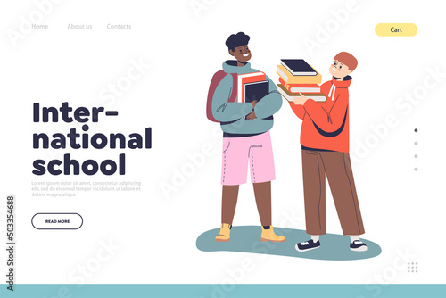 International school concept of landing page with diverse pupils boy holding books and textbooks