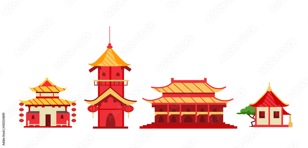 Traditional asian buildings exterior set. Collection of pagoda, temples and houses with towers