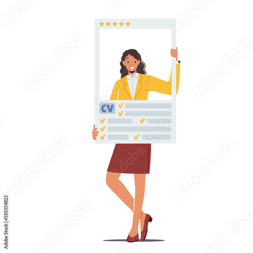 Candidates Selection Concept, Job Seeker Female Character Holding Curriculum Vitae or Cv. Professional Staff Recruitment