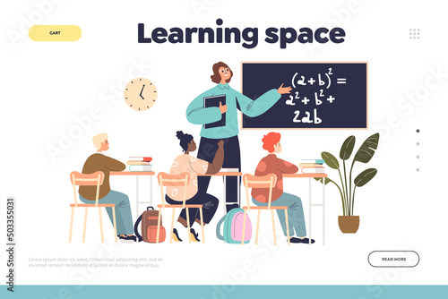 Learning space concept of landing page with school teacher and class in classroom on lesson