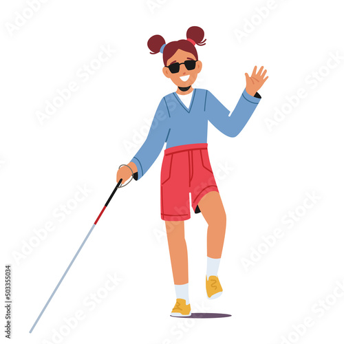 Vision Disability, Eyes Disease, Blind Girl with Cane and Sunglasses Isolated on White Background. Handicapped Child
