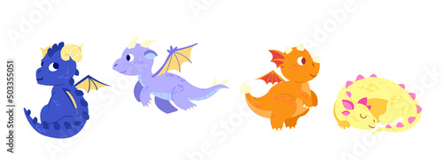 Cute baby dragons set. Happy funny animals. Flying dinosaurs with wings. Adorable friendly monsters