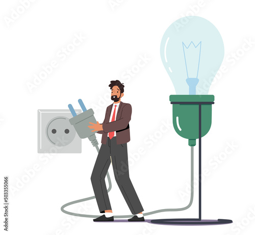 Male Character Switch on Plug into Socket for Huge Light Bulb. Business Man Work on Project Searching for Creative Idea