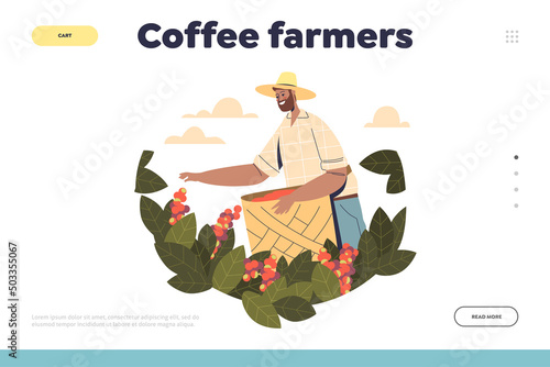 Coffee farmers concept of landing page with farm worker collecting rape coffee beans from tree