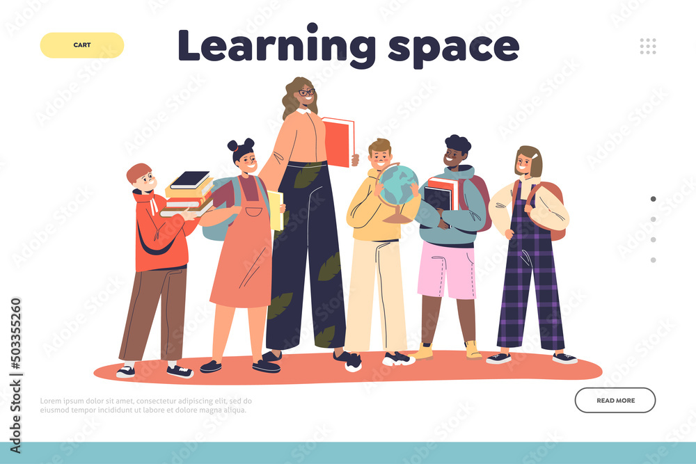 Learning space concept of landing page with teacher with group of joyful kids pupils holding books