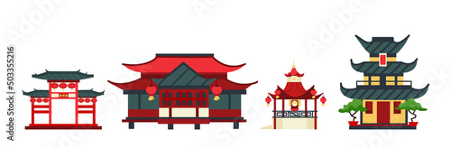 Chinese temples and houses in traditional asian style. Korean religious buildings with towers