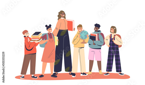 Female teacher with group of joyful kids pupils holding books and textbooks. Happy class of students