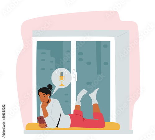Young Female Character Listening Podcast Lying on Windowsill with Smartphone. Webinar, Online Training, Podcasting