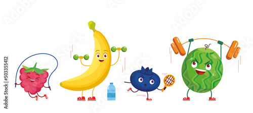 Cartoon fruits doing exercises, training. Set of active raspberry, banana, blueberry and watermelon
