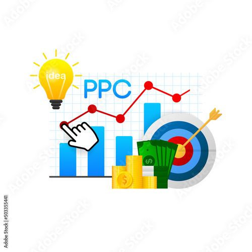 Cartoon illustration on blue backdrop. Abstract ppc for marketing advertising design. Isometric illustration