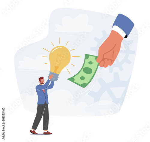 Businessman Sell Idea, Male Character Changing Glowing Light Bulb on Money Bill in Huge Human Hand. Business Insight