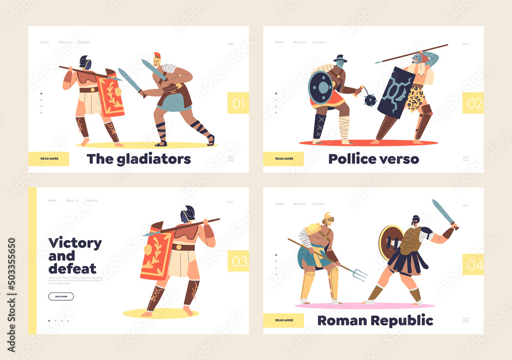 Ancient gladiator heroes fighting barbarians. Roman warriors protecting armed with sword and shield