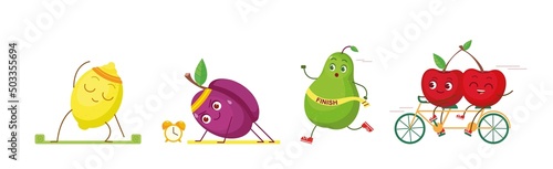 Cartoon fruits doing exercises, fitness workout. Set of active cherry, lemon, plum and pear