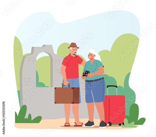 Aged Couple Voyage, Pensioner Outdoor Activity, Journey. Senior Tourist Characters in Trip, Elderly People Traveling