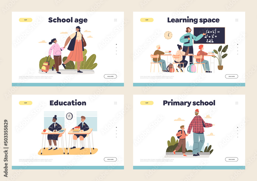 Schoolchildren concept of landing pages set with kids learning, walking to school and during lesson Schoolchildren concept of landing pages set with kids learning, walking to school and during lesson