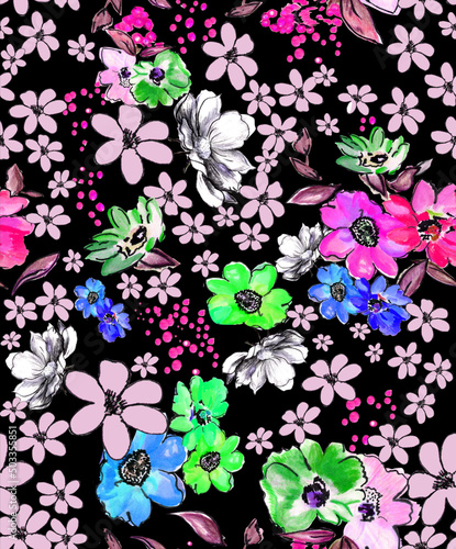 Flowers rose with leaves, watercolor, illustration for background. Seamless pattern © ilknur