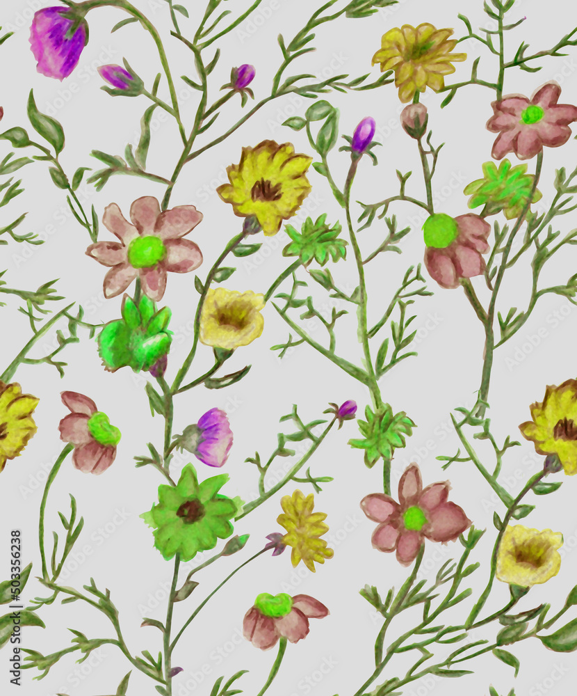 Hand drawn floral seamless pattern with textured flower. Wild flowers illustration in dark background