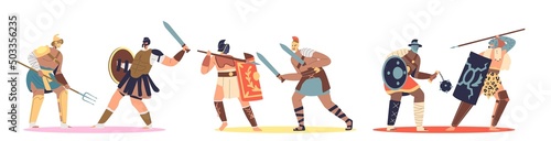 Set of cartoon gladiator fighting with barbarian. Ancient roman spartan warrior fight on swords