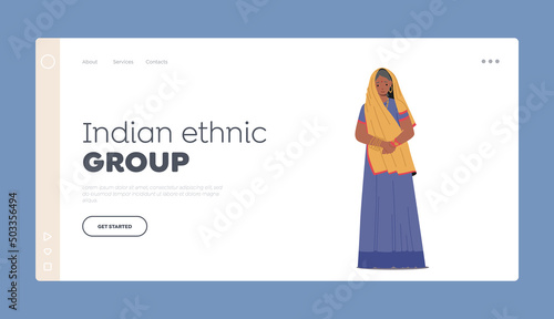 Indian Ethnic Group Landing Page Template. Smiling Aged Woman of India Society Wear Long Sari and Accessories