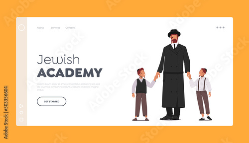 Jewish Academy Landing Page Template. Traditional Jewish Family, Orthodox Jew Father with Sons Characters