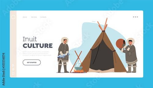 Inuit Culture Landing Page Template. Eskimo Characters on Alaska, Chukchi Northern Pole, Iceland Indigenous Minorities
