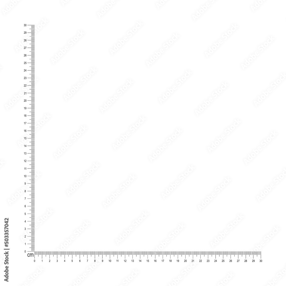 30 centimeters corner ruler scale template. Angle measuring tool with cm and mm markup and numbers. Vector outline illustration isolated on white background