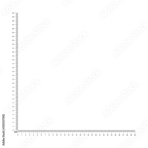 30 centimeters corner ruler scale template. Angle measuring tool with cm and mm markup and numbers. Vector outline illustration isolated on white background