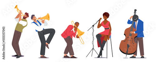 Jazz Band on Stage Performing Music Concert. Artists Characters on Scene with Musical Instruments Trumpet, Saxophone