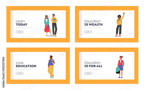 Kids Education Landing Page Template Set. Pupils Characters Wearing Uniform with Backpacks and Textbooks